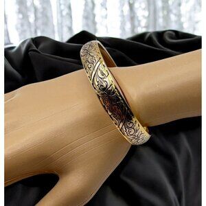 Vintage Floral Etched Bangle Bracelet  Gold Tone Ornate Costume Jewelry
